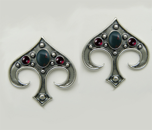 Sterling Silver Gothic Inspired Drop Dangle Earrings With Bloodstone And Garnet